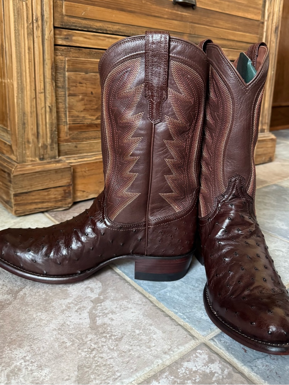 Tecovas Dark Brown Ostrich Leather Western Boots